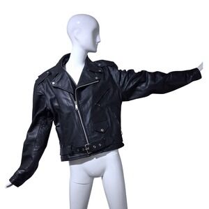 Vintage Black Leather Motorcycle Mens Large Jacket Biker Moto Zip Buckle Classic